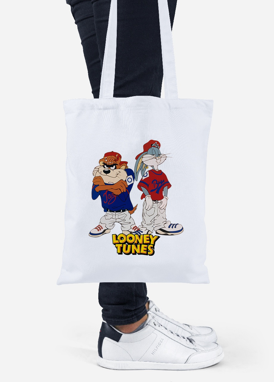 Еко-сумка шоппер Таз і Багз Банні Луні Тюнз (Taz Looney Bugs Bunny Tunes) (92102-2875) біла MobiPrint Lite (256923531)