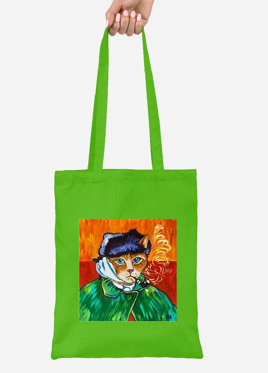 Еко-сумка шоппер Кіт Вінсент Ван Гог (Vincent van Gogh Cat) (92102-2958-LM) салатова MobiPrint Lite (256921451)