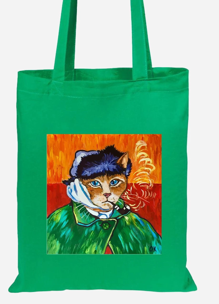 Эко сумка шопер Кот Винсент Ван Гог (Vincent van Gogh Cat) (92102-2958-KG) зеленая MobiPrint Lite (256921386)