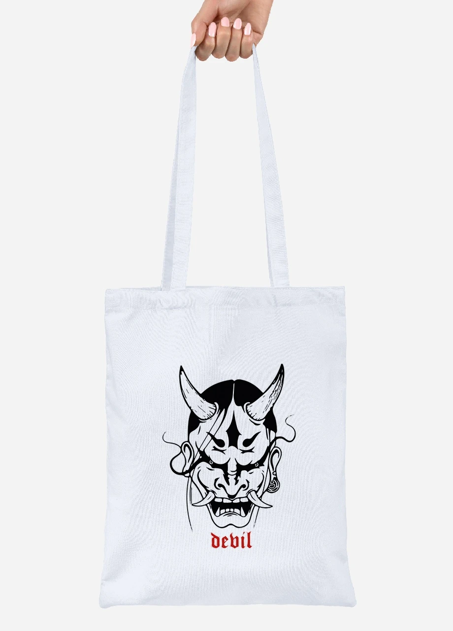 Эко сумка шопер Японская маска демона (Japanese demon mask) (92102-3328) белая MobiPrint Lite (256922766)