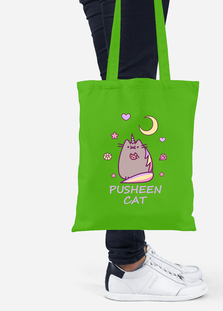 Еко-сумка шоппер Кіт Пушин (Pusheen Cat) (92102-3349-LM) салатова MobiPrint Lite (256923807)
