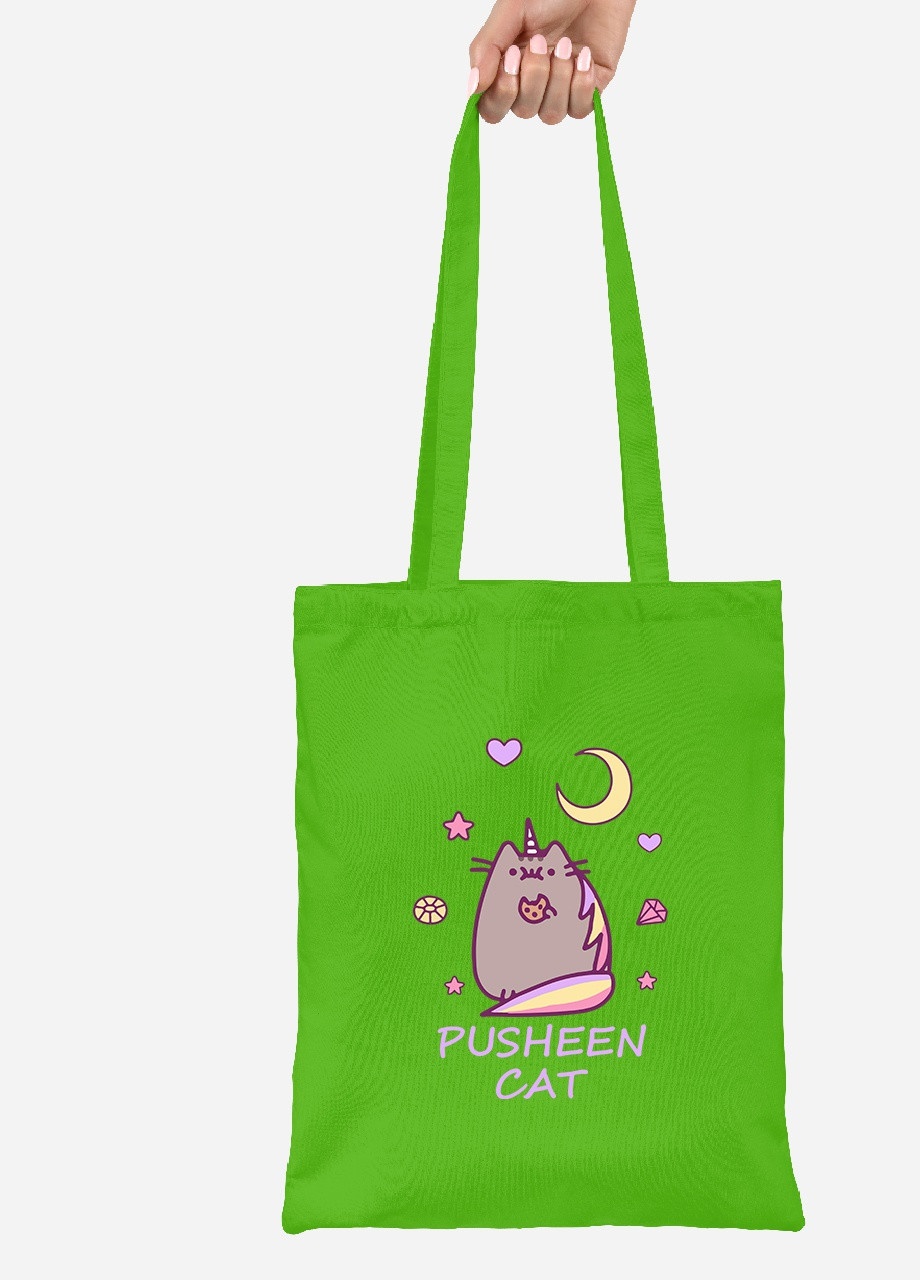 Еко-сумка шоппер Кіт Пушин (Pusheen Cat) (92102-3349-LM) салатова MobiPrint Lite (256923807)