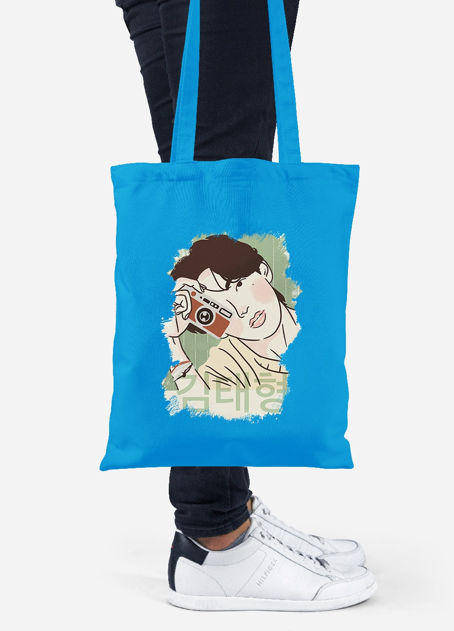 Еко-сумка шоппер Кім Тхехен БТС (Kim Tae-hyung BTS) (92102-3262-BL) синя MobiPrint Lite (256924037)