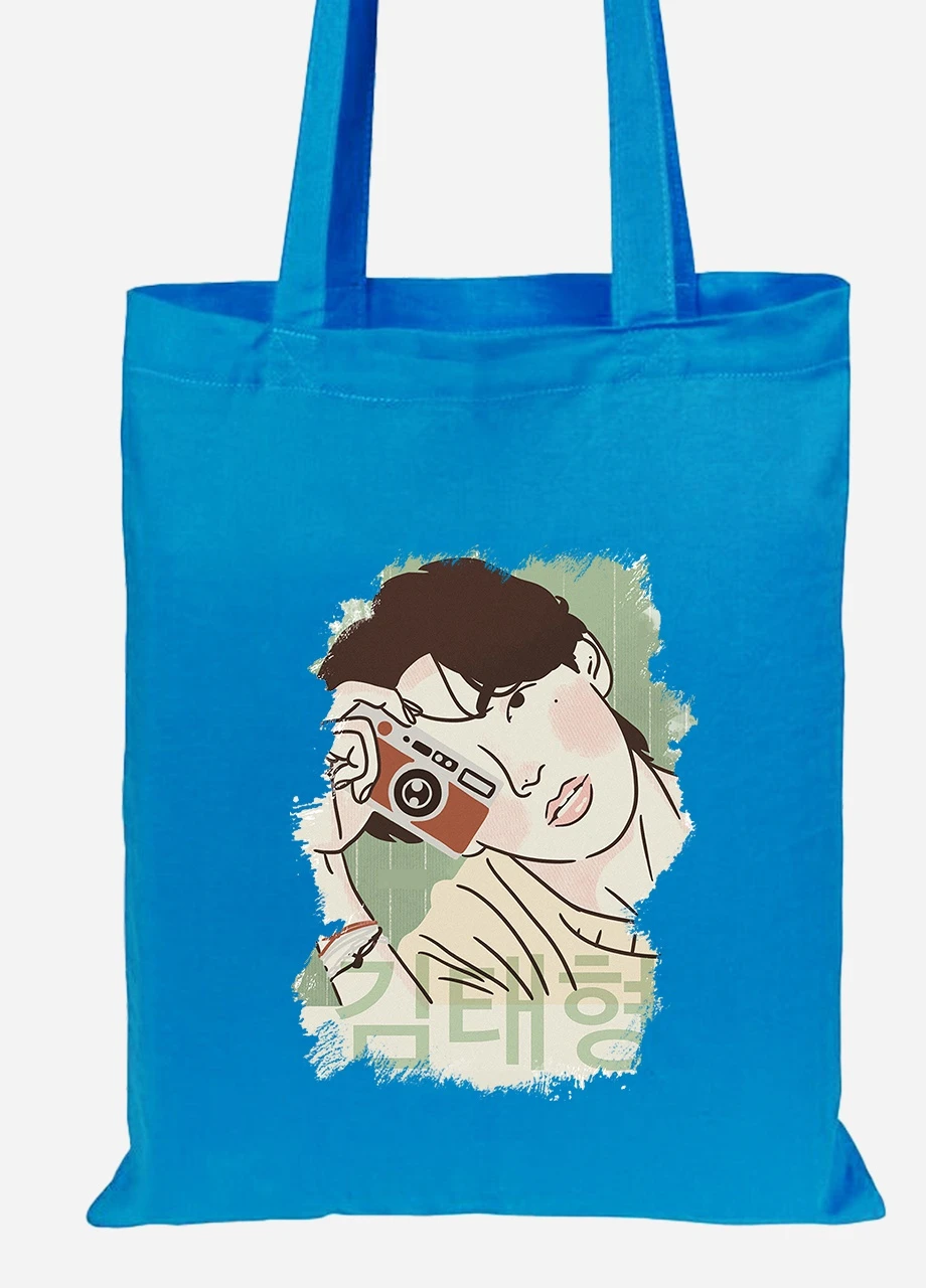 Еко-сумка шоппер Кім Тхехен БТС (Kim Tae-hyung BTS) (92102-3262-BL) синя MobiPrint Lite (256924037)