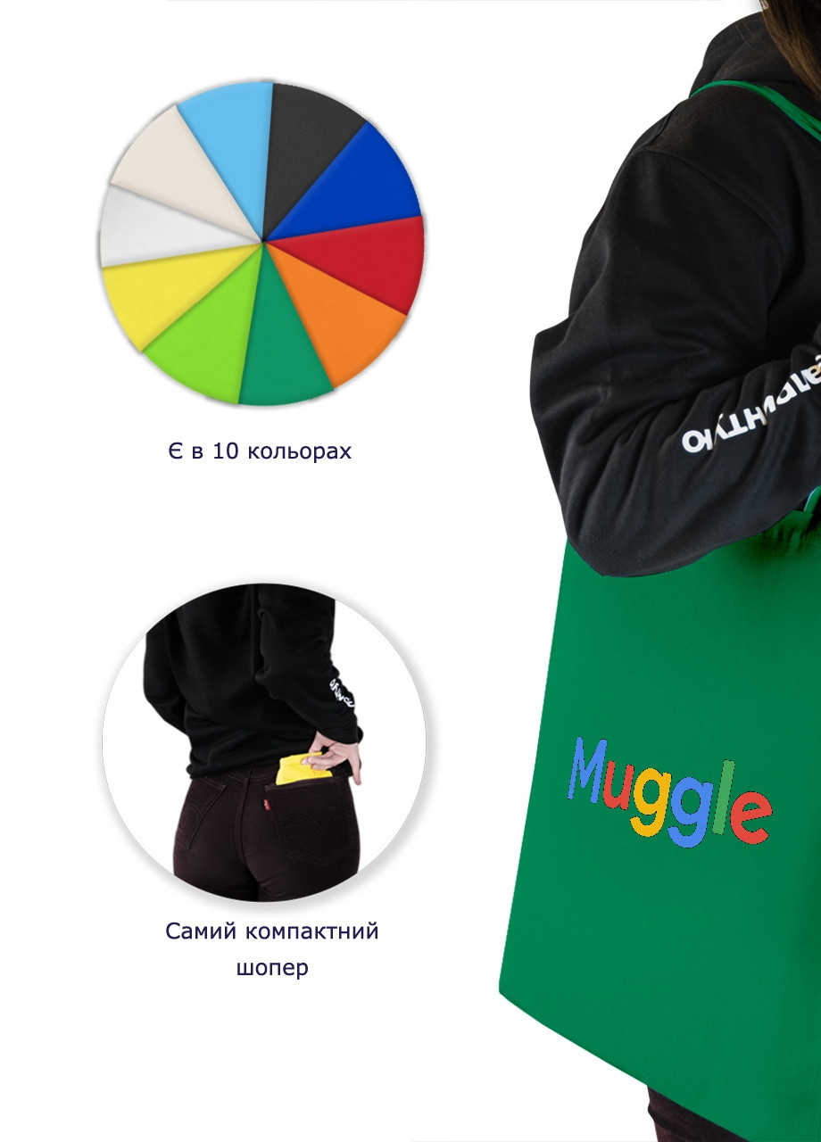 Еко-сумка шоппер Muggle Google (92102-3429-KG) зелена MobiPrint lite (256945889)
