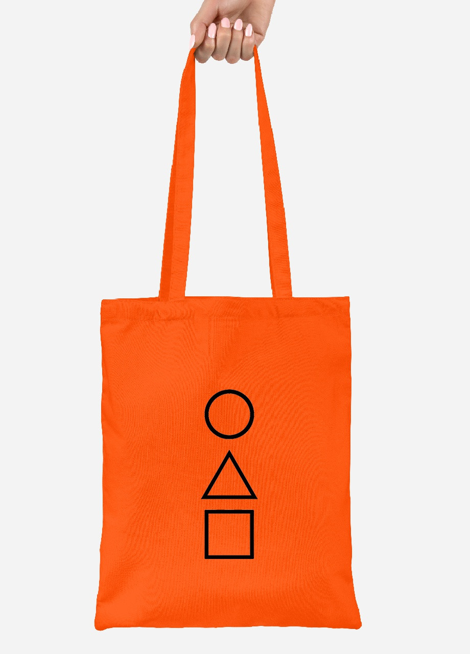 Еко-сумка шоппер Трикутник Квадрат Коло Гра в кальмара (Squid Game) (92102-3374-OG) помаранчева MobiPrint lite (256945529)