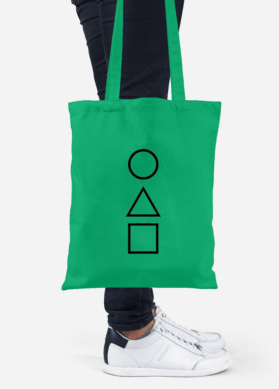 Эко сумка шопер Треугольник Квадрат Круг Игра в кальмара (Squid Game) (92102-3374-KG) зеленая MobiPrint lite (256945950)