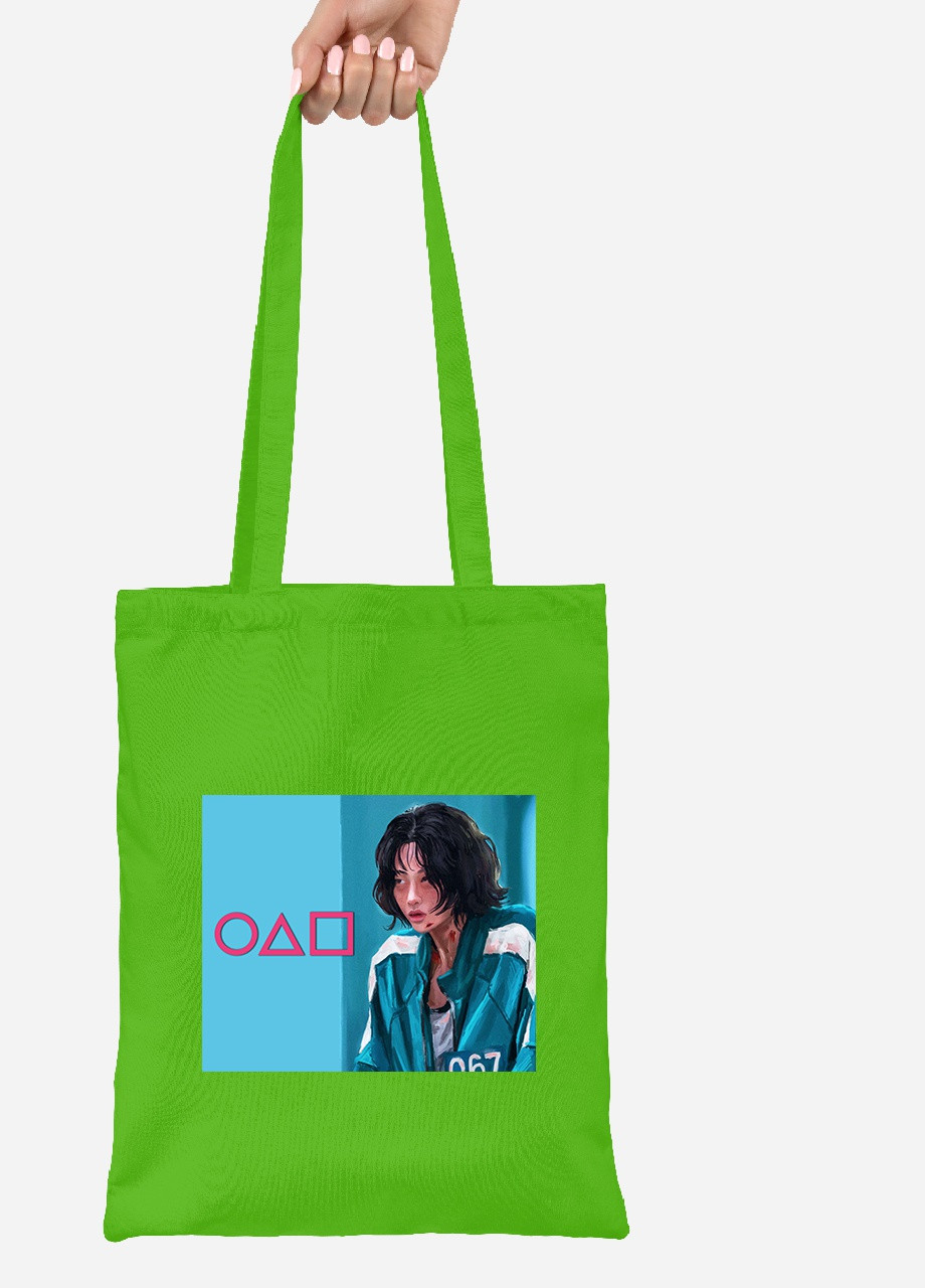 Эко сумка шопер Треугольник Квадрат Круг Игра в кальмара (Squid Game) (92102-3378-LM) салатовая MobiPrint Lite (256944315)