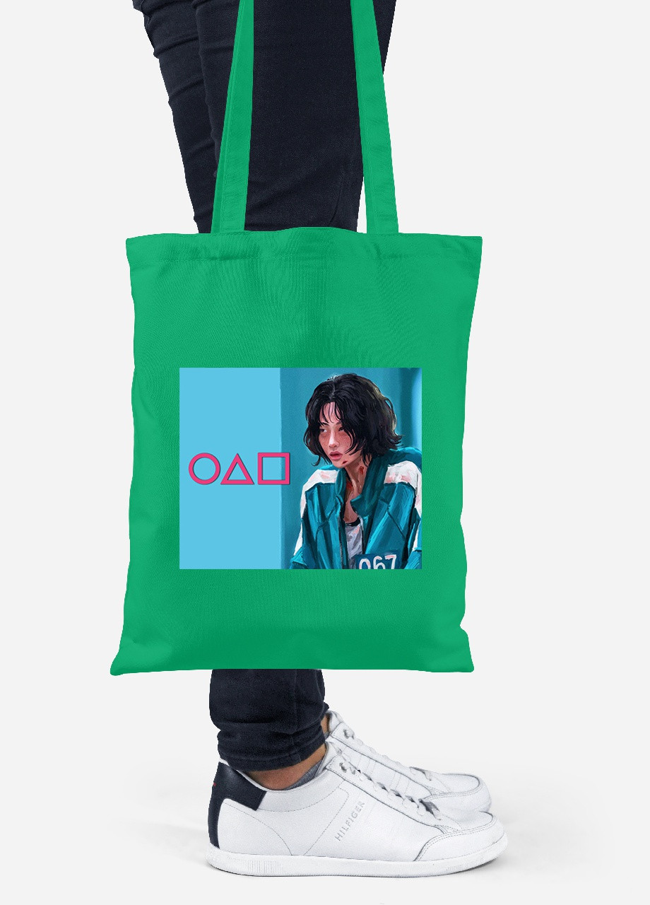 Эко сумка шопер Треугольник Квадрат Круг Игра в кальмара (Squid Game) (92102-3378-KG) зеленая MobiPrint Lite (256944613)