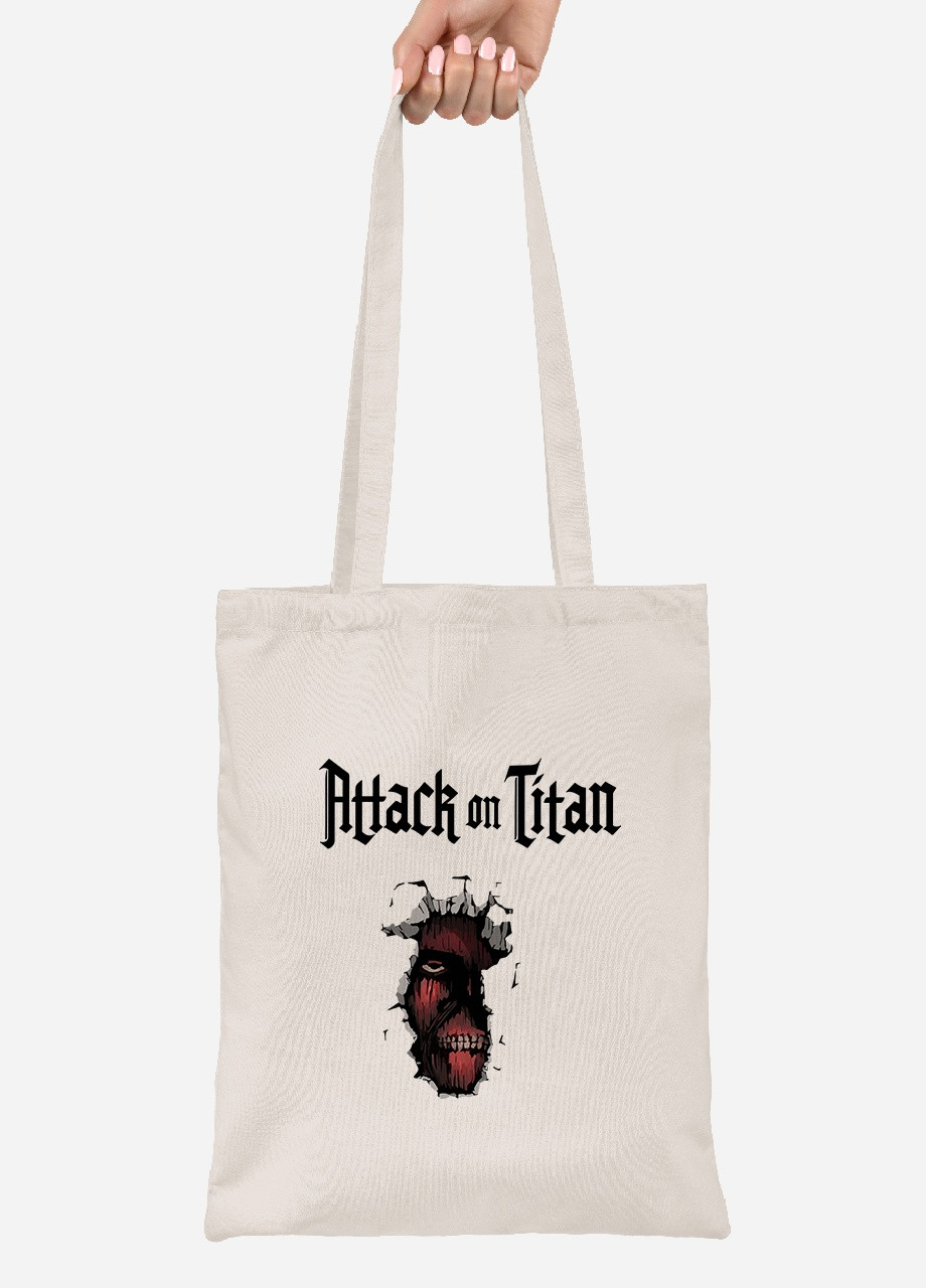 Эко сумка шопер Атака титанов Колоссальный Титан лого ( Attack on Titan logo) (92102-3489-BG) бежевая MobiPrint lite (256944878)