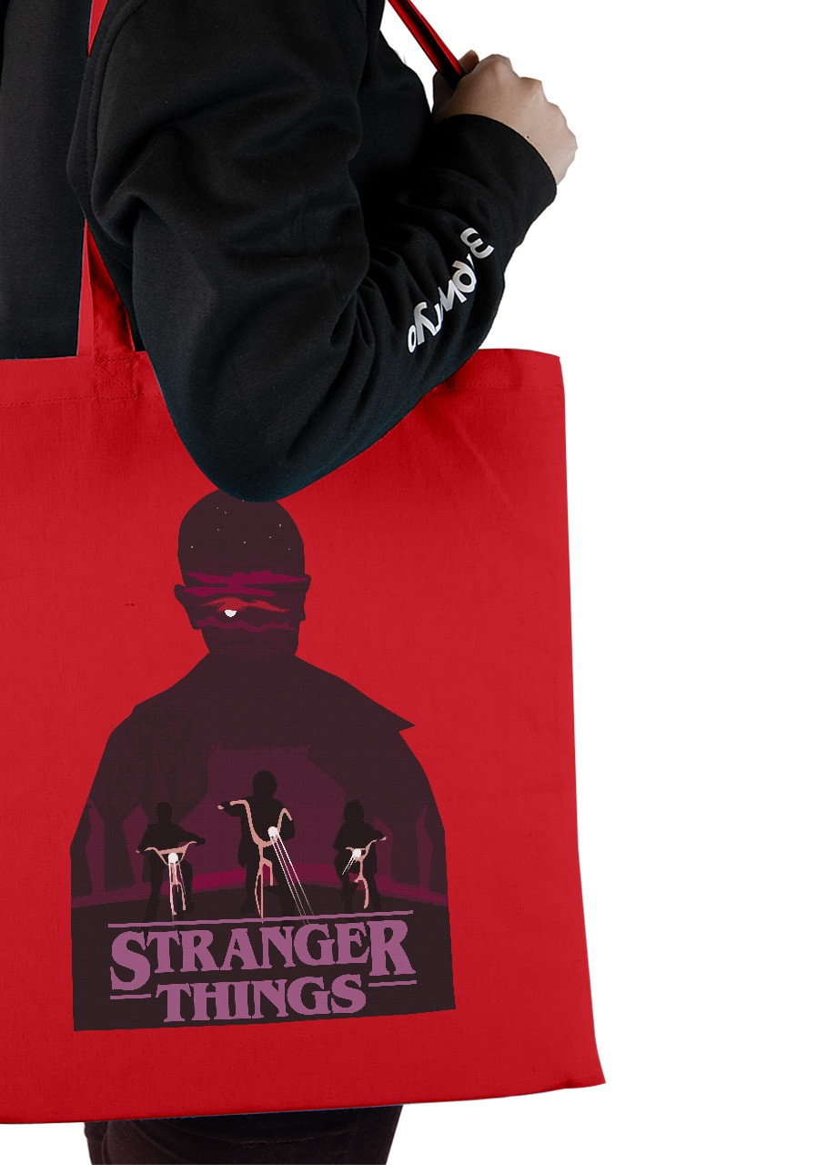 Еко-сумка шоппер Дуже дивні справи Одинадцять арт троє (Stranger Things Eleven art) (92102-3569-RD) червона MobiPrint lite (256945493)