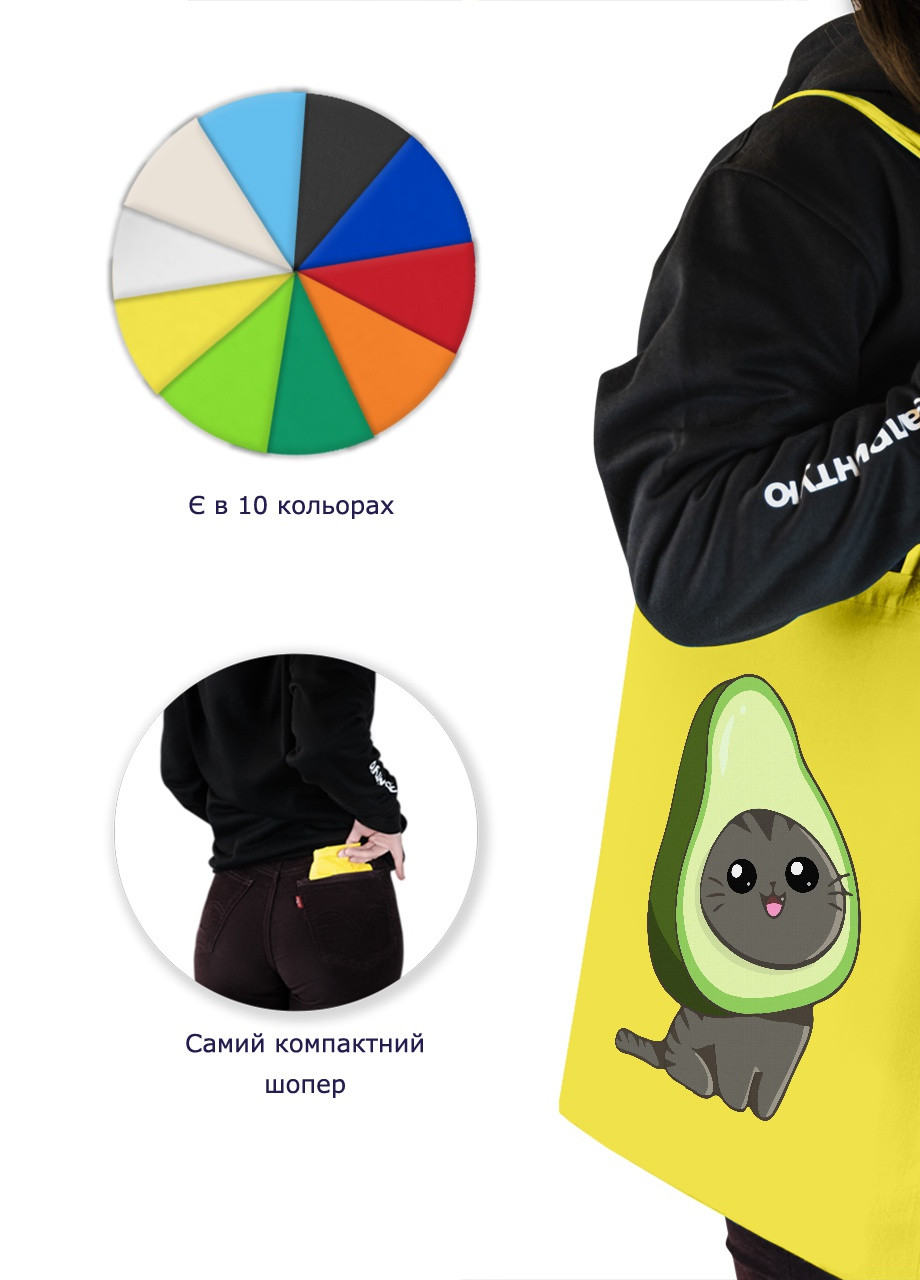 Еко-сумка шоппер Авокадо кіт (Avocato) (92102-3473-SY) жовта MobiPrint Lite (256945496)