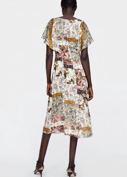 Коричневое платье летнее миди абстрактный принт Zara