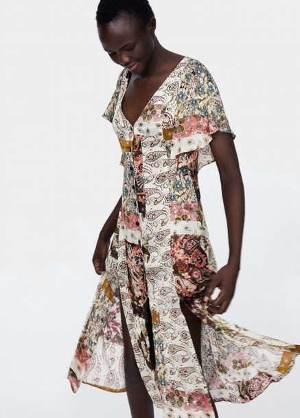 Коричнева сукня літня міді абстрактний принт Zara