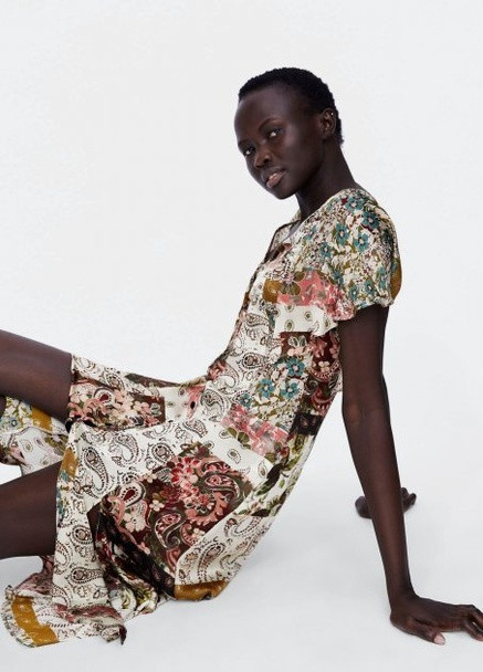 Коричневое платье летнее миди абстрактный принт Zara