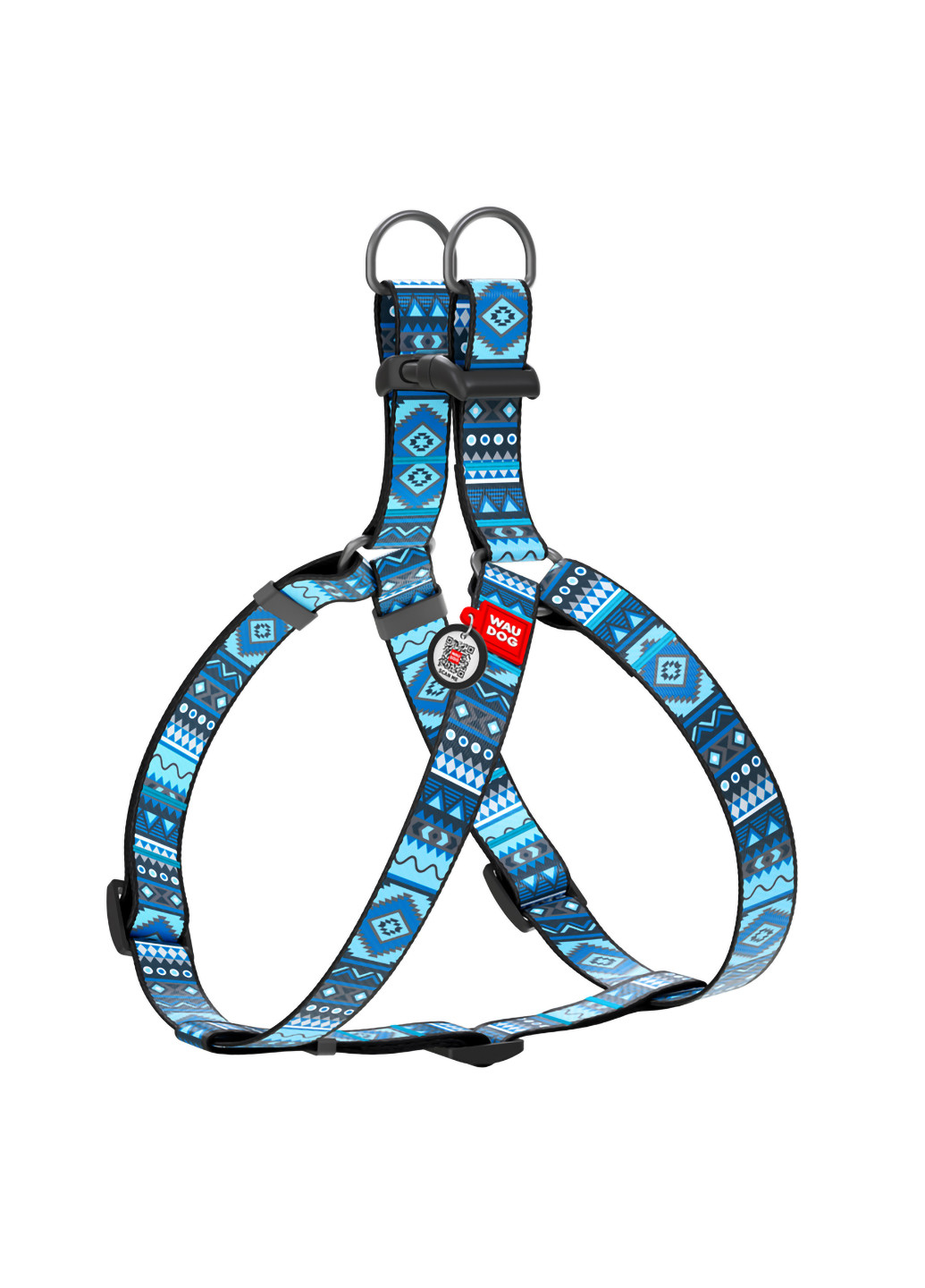 Шлея для собак анатомическая c QR паспортом, рисунок "Этно синий" L WAUDOG (257050102)