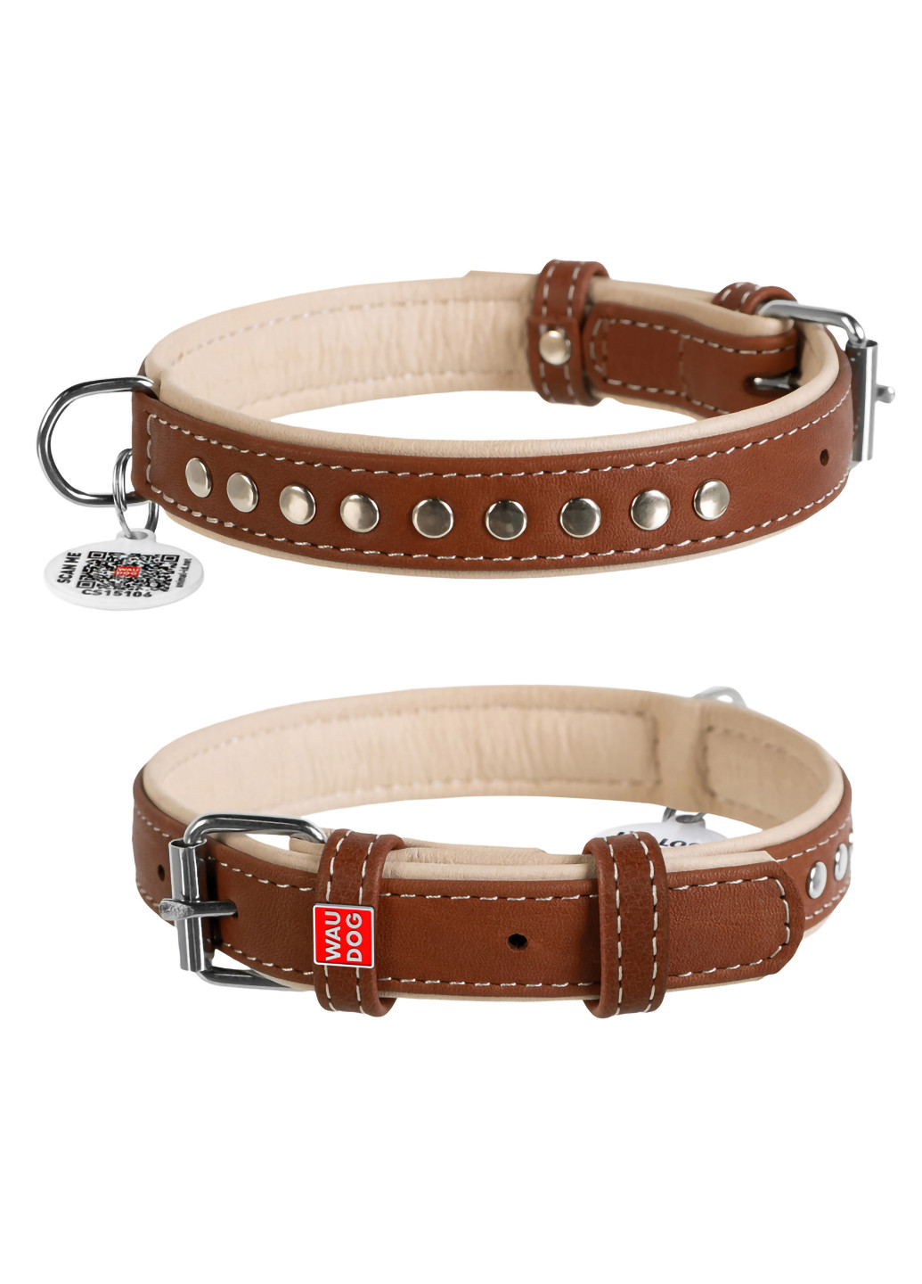 Ошейник для собак кожаный с QR паспортом, металлические украшения M WAUDOG (257047797)