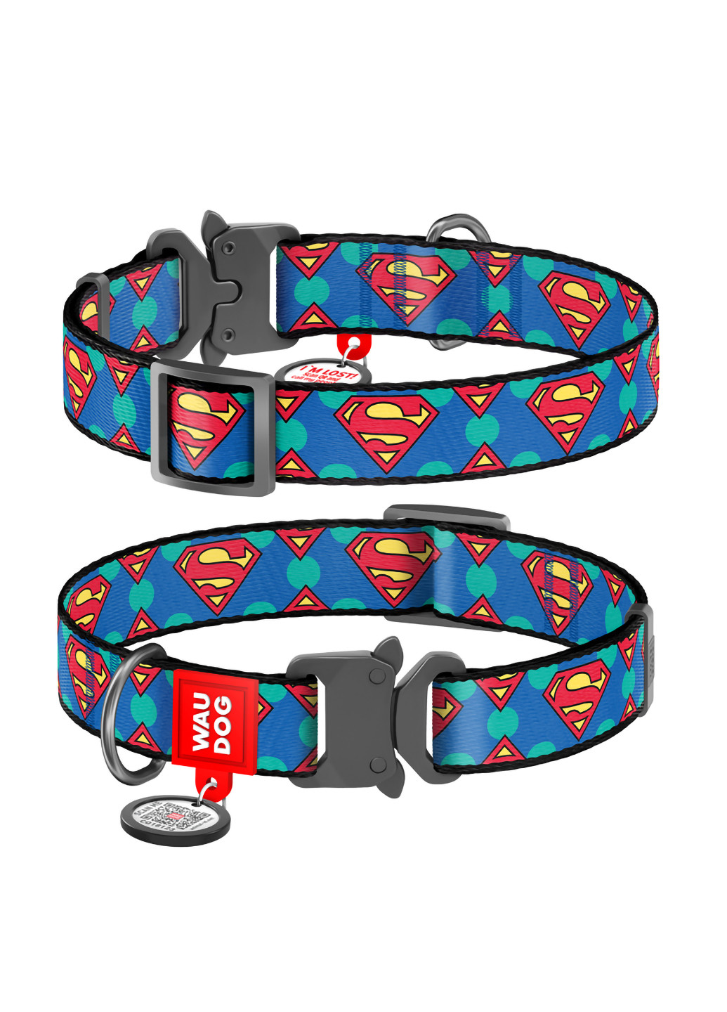 Нашийник для собак нейлоновий з QR паспортом, малюнок "Супермен Лого" L WAUDOG (257051286)