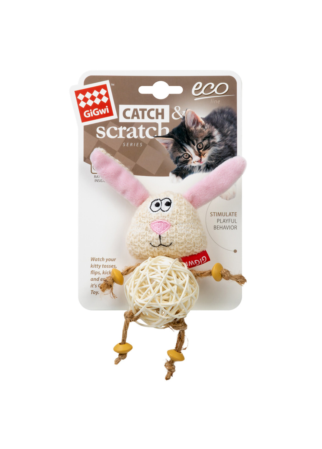 Игрушка для котов Зайчик с плетеным мячиком и колокольчиком 10 см GiGwi (257048766)