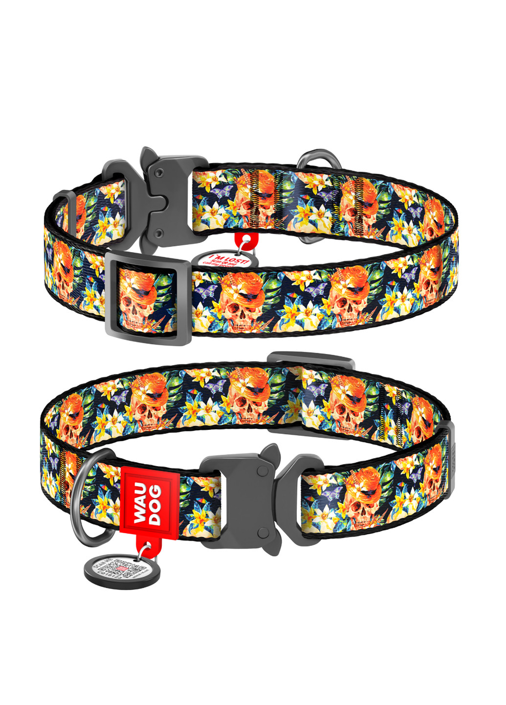Нашийник для собак нейлоновий з QR паспортом, малюнок "Гламурні черепи" L WAUDOG (257082182)