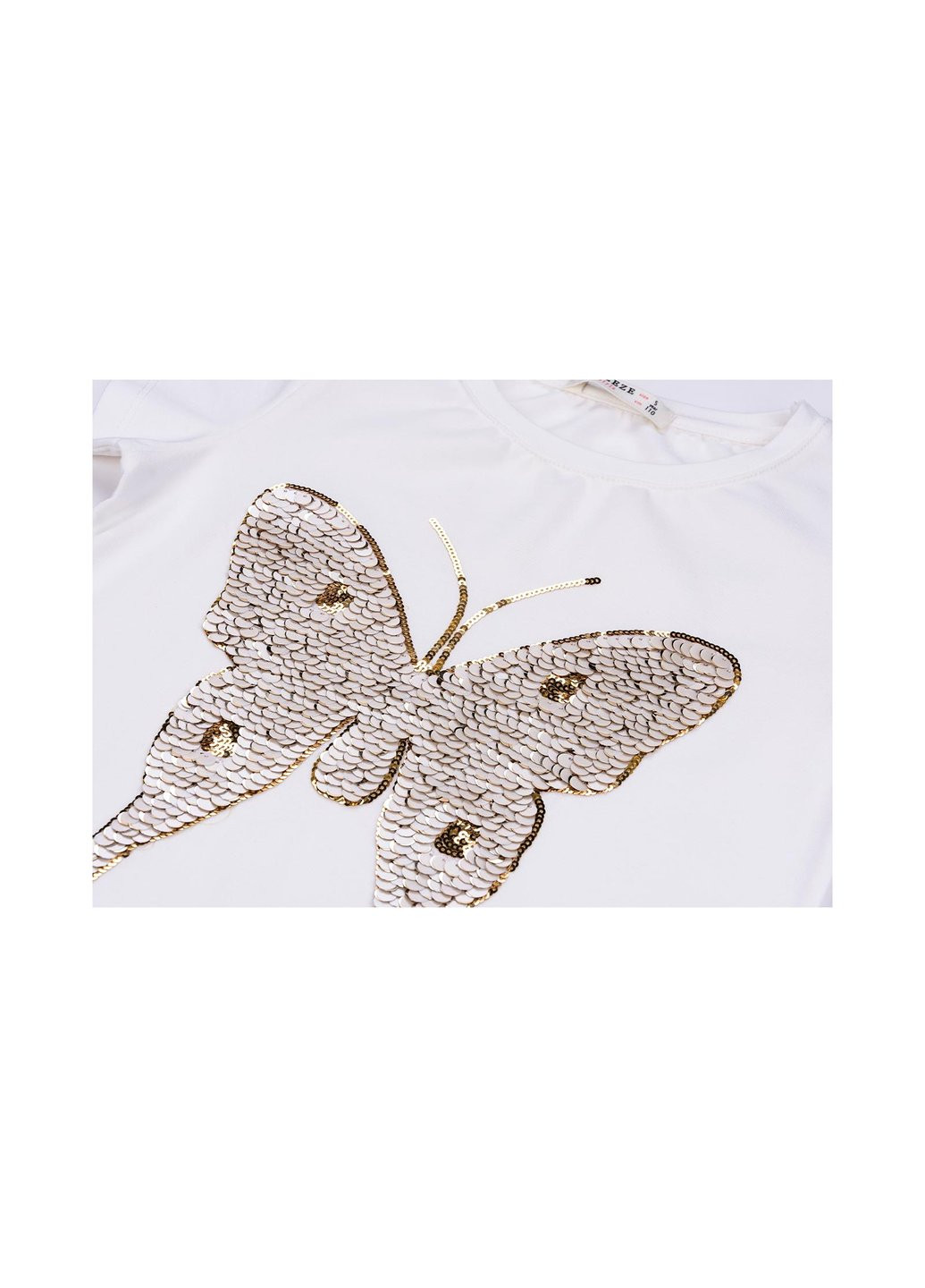 Комбинированная футболка детская с бабочкой из пайеток (11055-140g-cream) Breeze