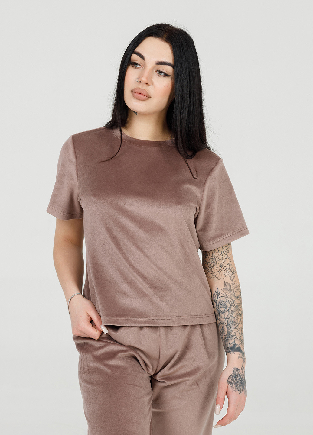 Темно-коричнева всесезон велюрова піжама (футболка+штани) мокко футболка + штани SONTSVIT