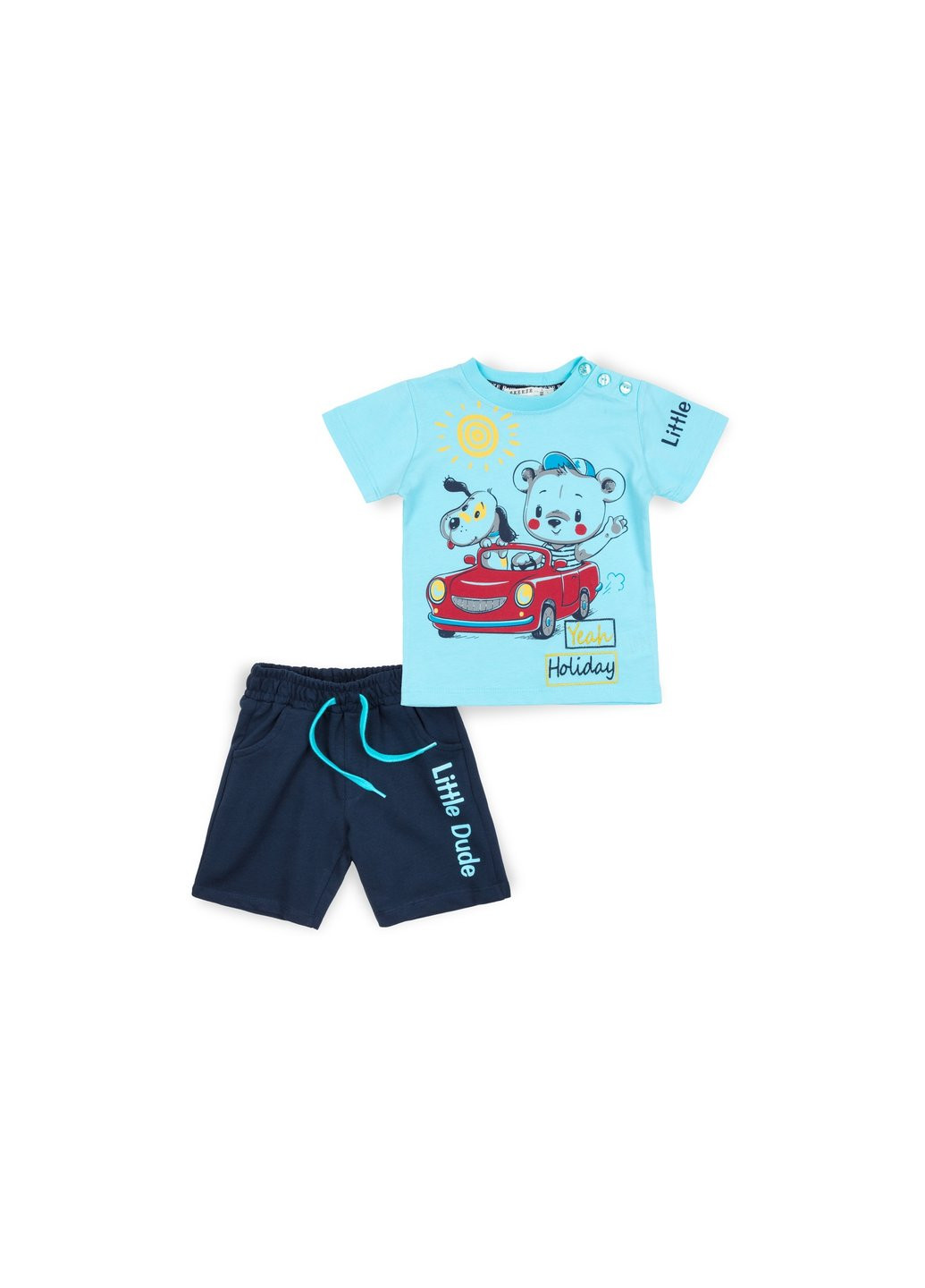 Голубой летний набор детской одежды с мишкой в машинке (12144-104b-blue) Breeze