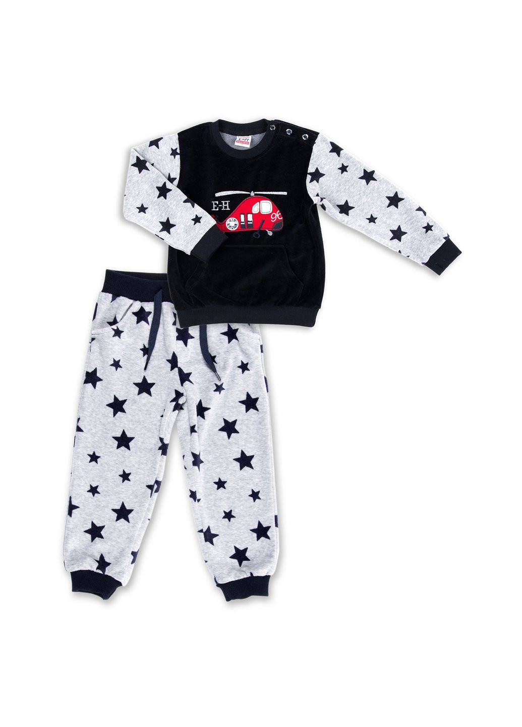 Голубой демисезонный набор детской одежды велюровый с вертолетом и штанишками в звездочку (8113-80/b-dark blue) Breeze