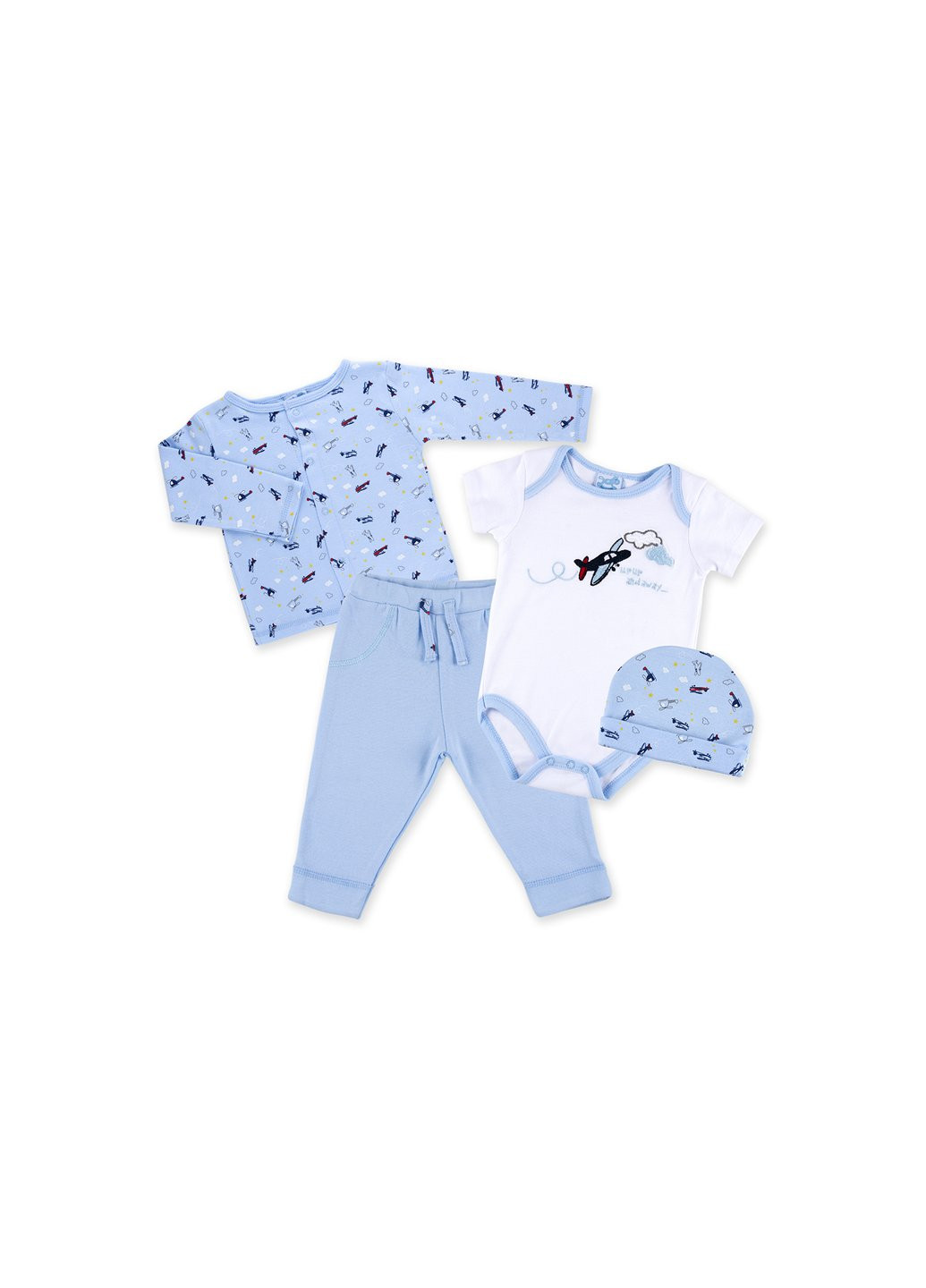 Комбінований демісезонний набір дитячого одягу для хлопчиків: чоловічок, штанці, кофточка та шапочка (f7763.b.9-12) Luvena Fortuna