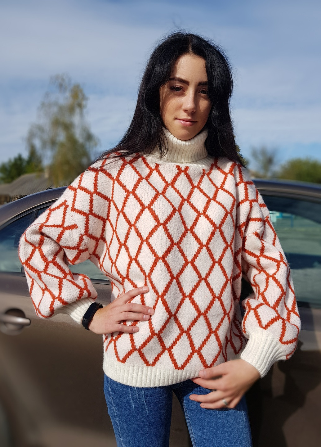 Молочний світер жіночий оверсайз у візерунок молочний Flex moda