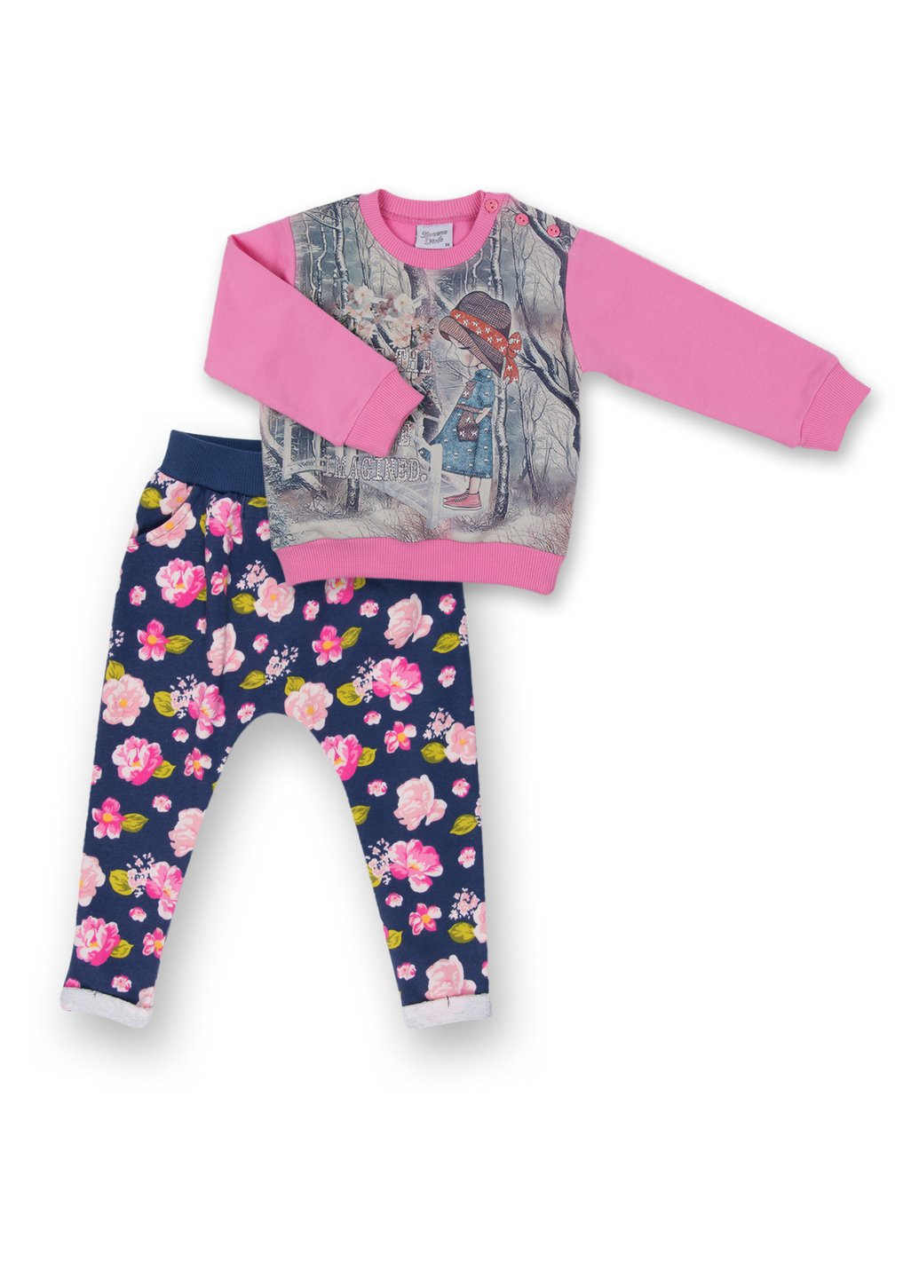 Комбинированный демисезонный набор детской одежды с девочкой и штанишками в цветочек (8075-92/g-pink) Breeze