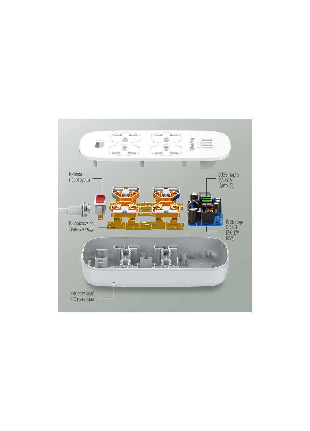 Сетевой фильтр питания 4 розетки/4USB White 1.8м (1QC3.0 + 3 AUTO ID) (CW-CHU44QW) Colorway (257223459)