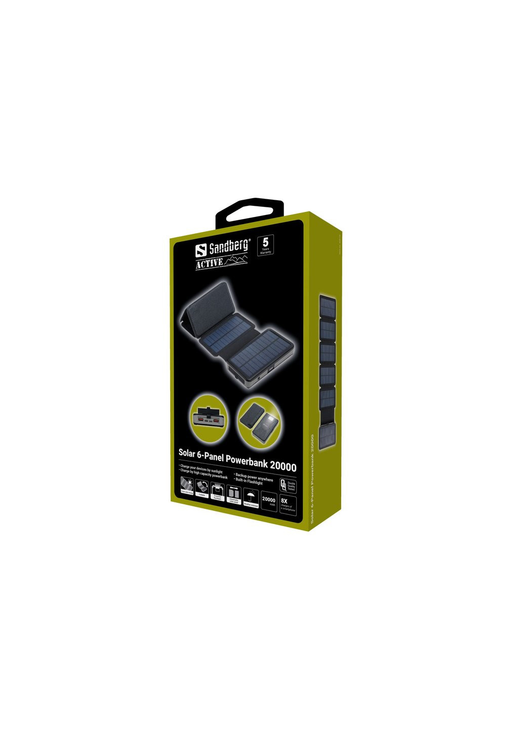 Батарея универсальная 20000mAh, Solar 6-Panel/7.5W, USB-C output(20W), USB-A*2/(18W Max) (420-73) Sandberg (257257327)