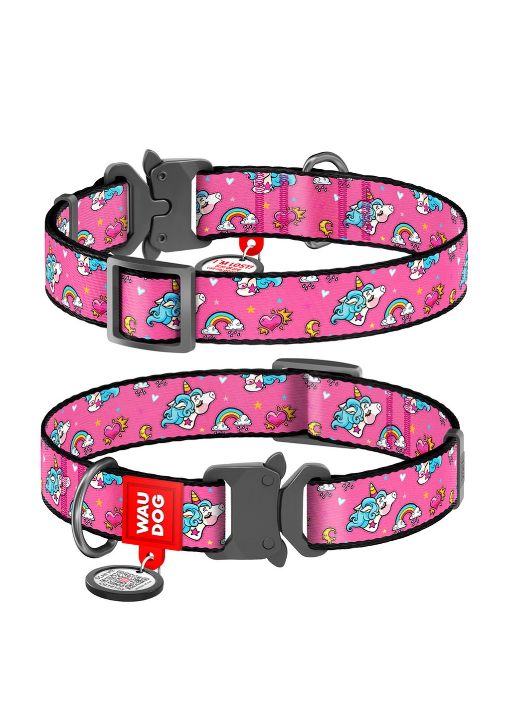 Стильный ошейник для собак нейлоновый c QR паспортом, рисунок "Единороги" L WAUDOG (257250218)