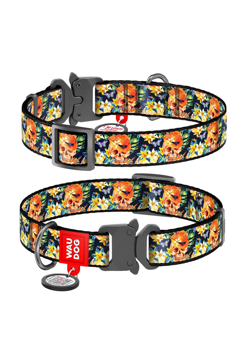 Стильний нашийник для собак нейлоновий з QR паспортом, малюнок "Гламурні черепи" XL WAUDOG (257247733)