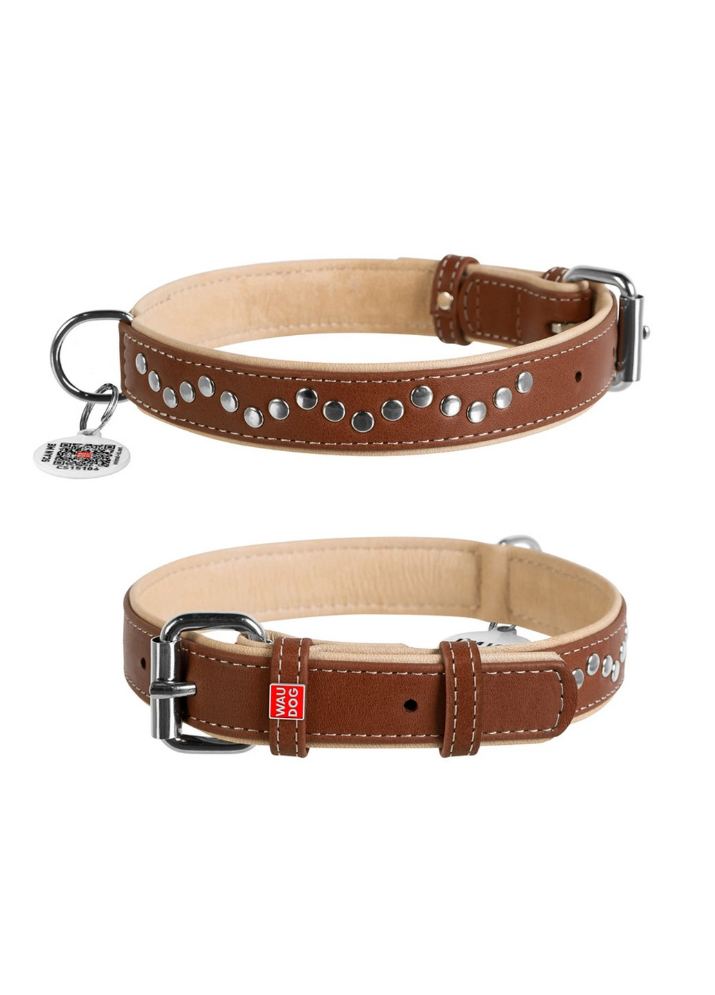 Стильный ошейник для собак кожаный с QR паспортом, металлические украшения L WAUDOG (257250537)