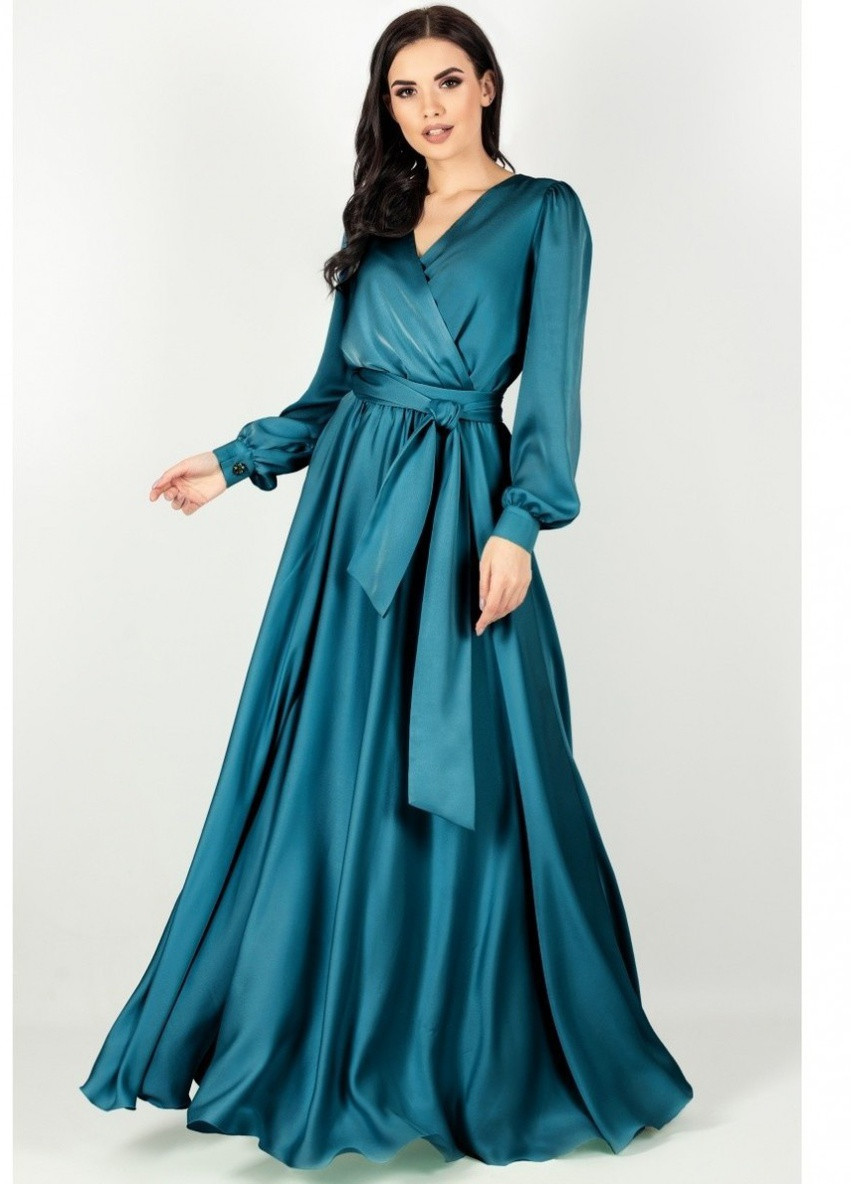 Смарагдова вечірня плаття а-силует, на запах JadFashion однотонна
