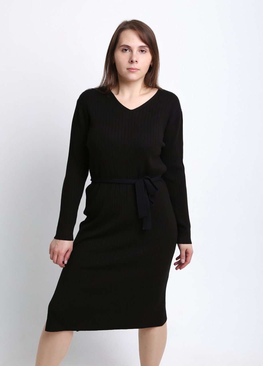 Черное повседневный платье женское черное с поясом JEANSclub однотонное