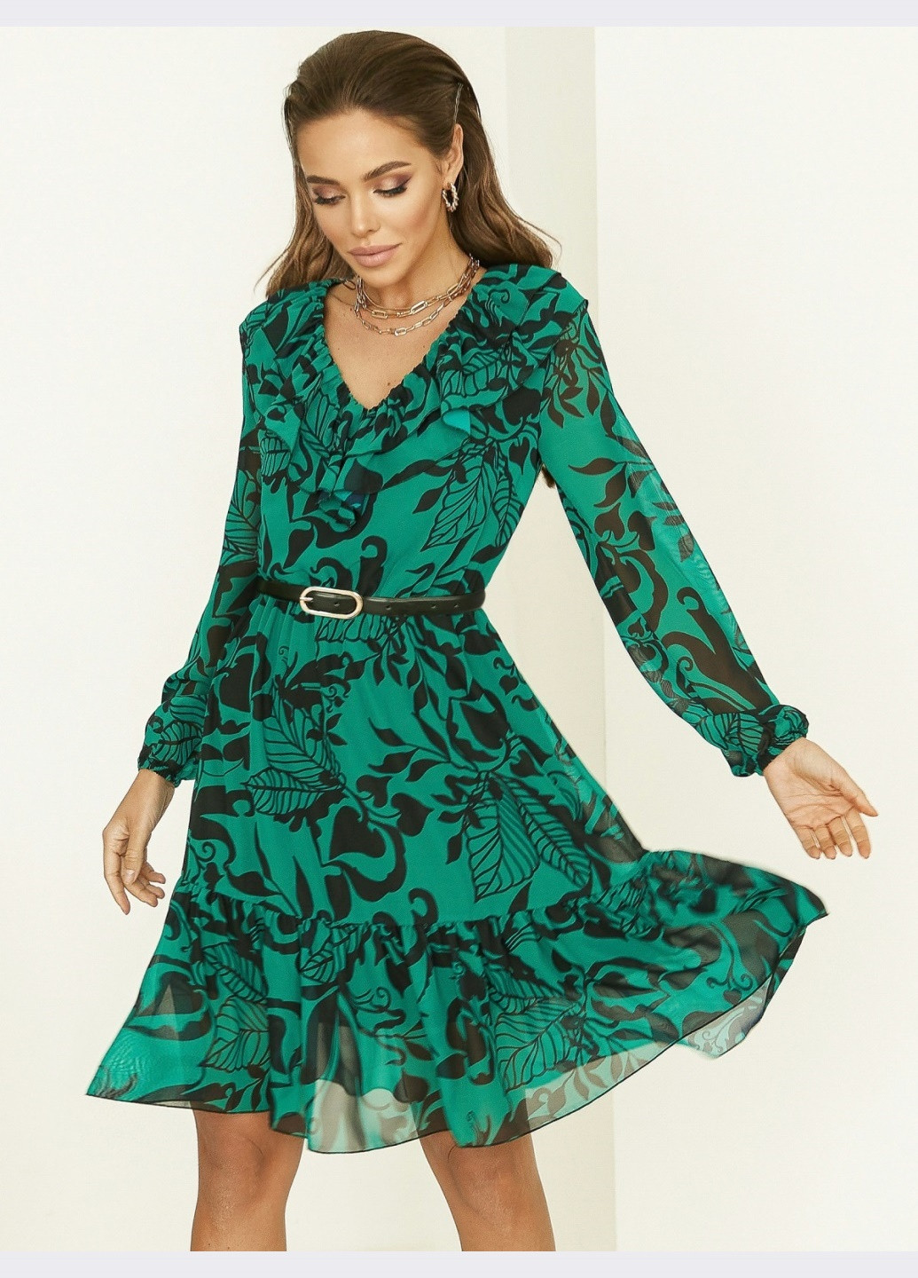 Зелена кежуал зелене плаття з принтом і воланом знизу Dressa