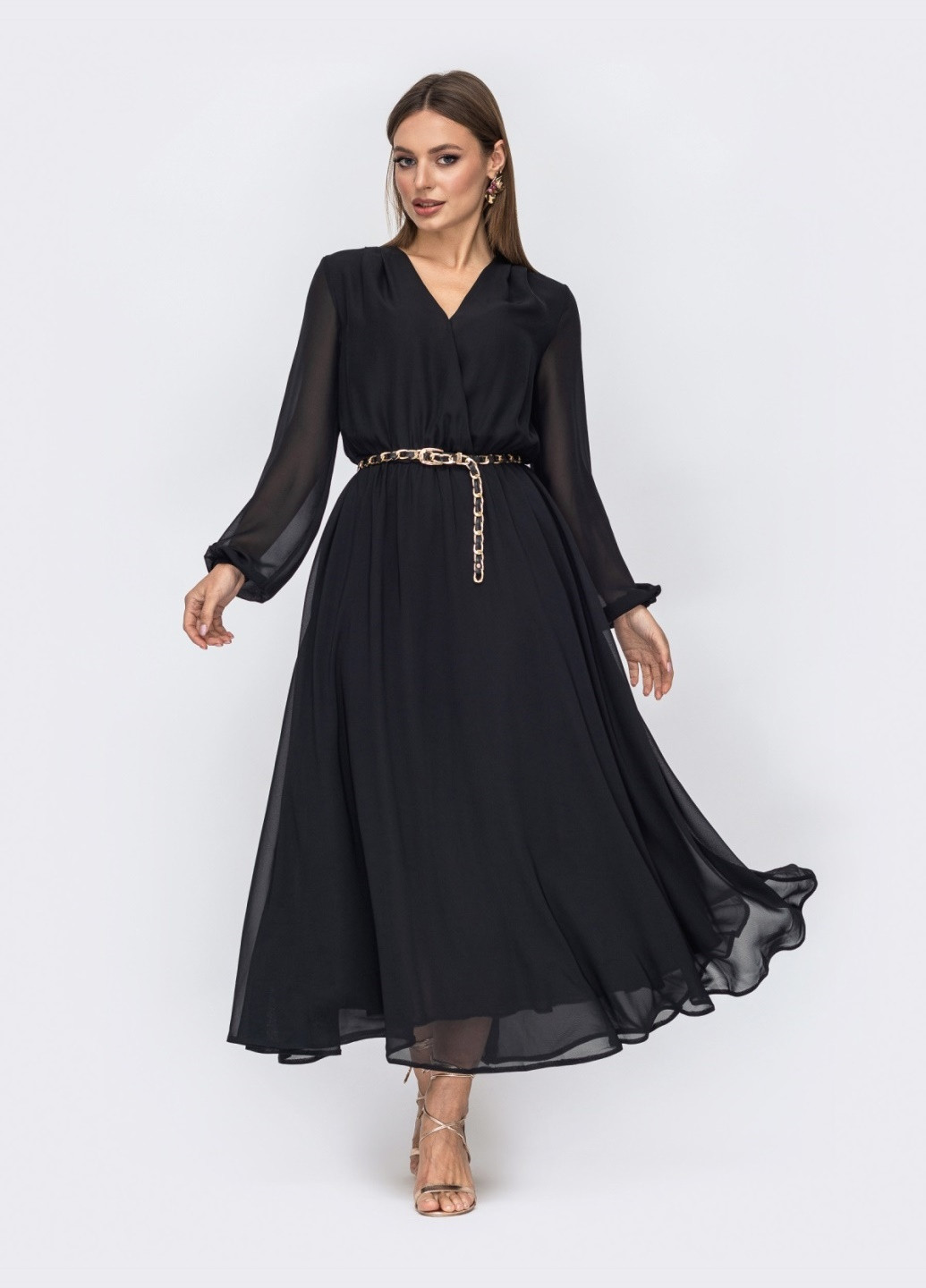 Чорна кежуал шифонове плаття чорного кольору з розкльошеною спідницею Dressa