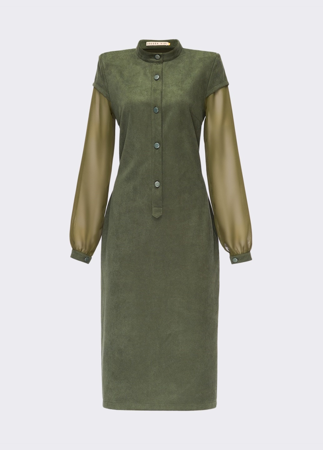 Оливковое (хаки) кэжуал приталенное платье из замши цвета хаки с шифоновыми рукавами Dressa