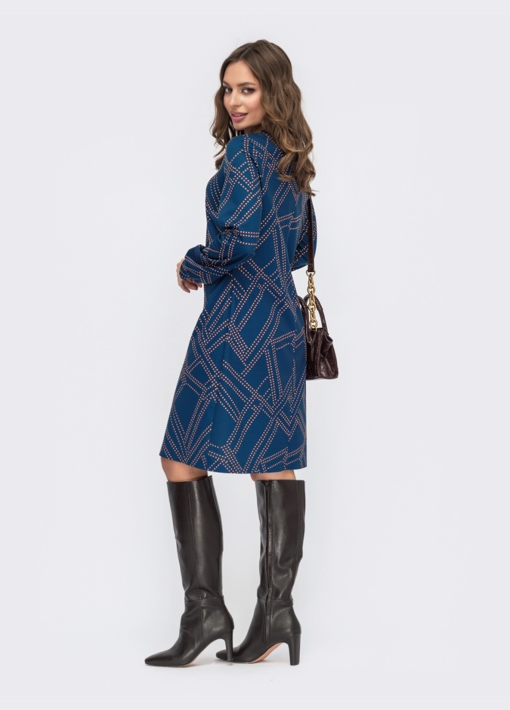 Темно-синее кэжуал темно-синее платье-трапеция с принтом и v-образным вырезом Dressa