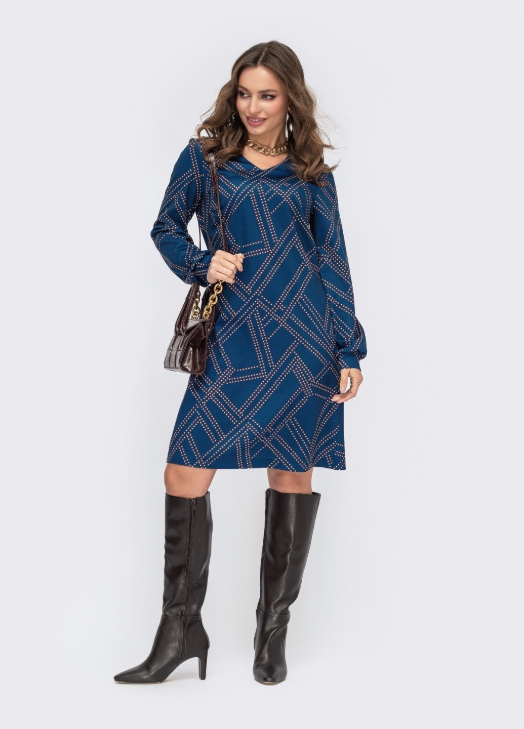 Темно-синее кэжуал темно-синее платье-трапеция с принтом и v-образным вырезом Dressa