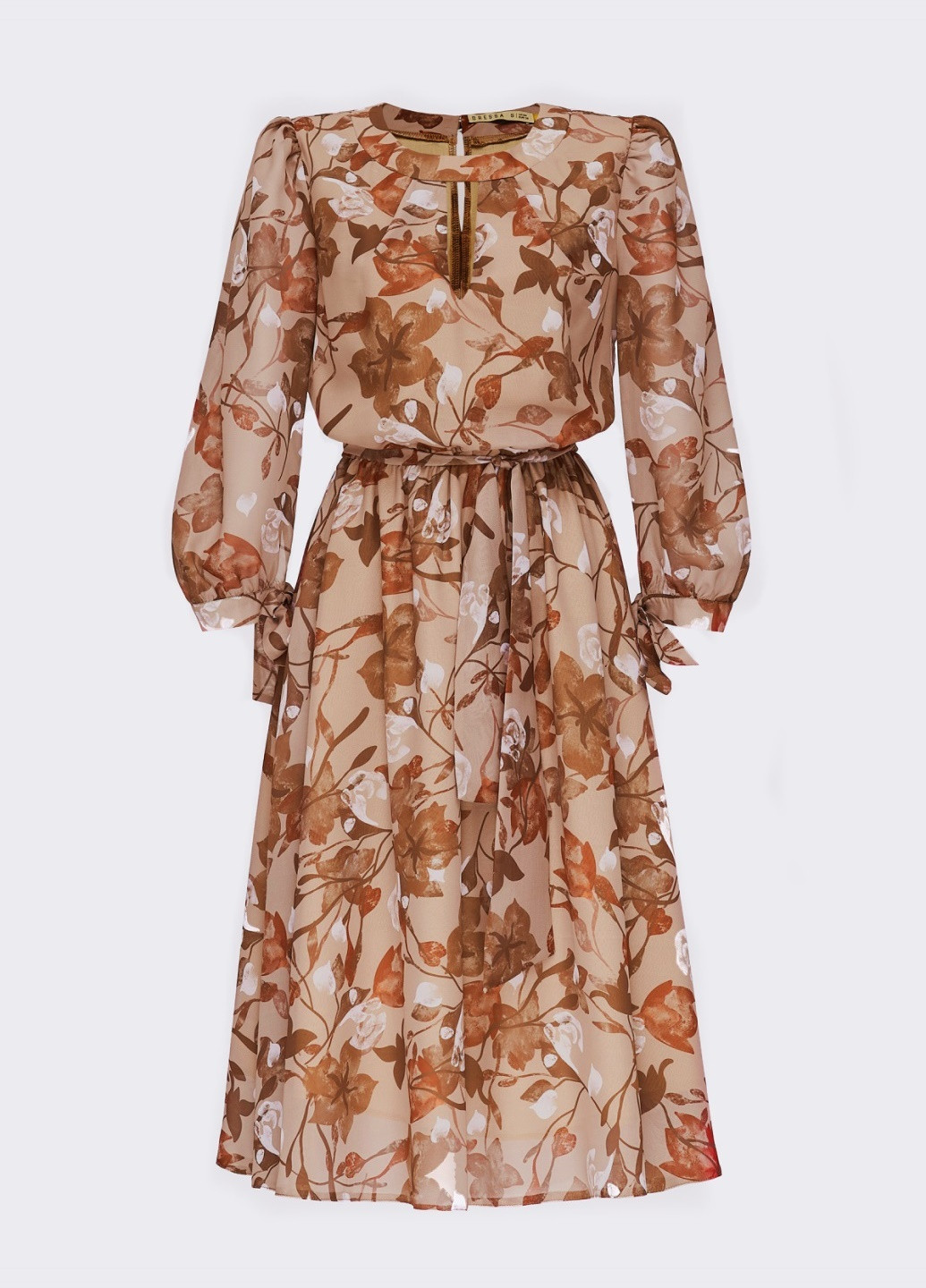 Бежева кежуал шифонове плаття-міді в квітковий принт з вирізом бежеве Dressa
