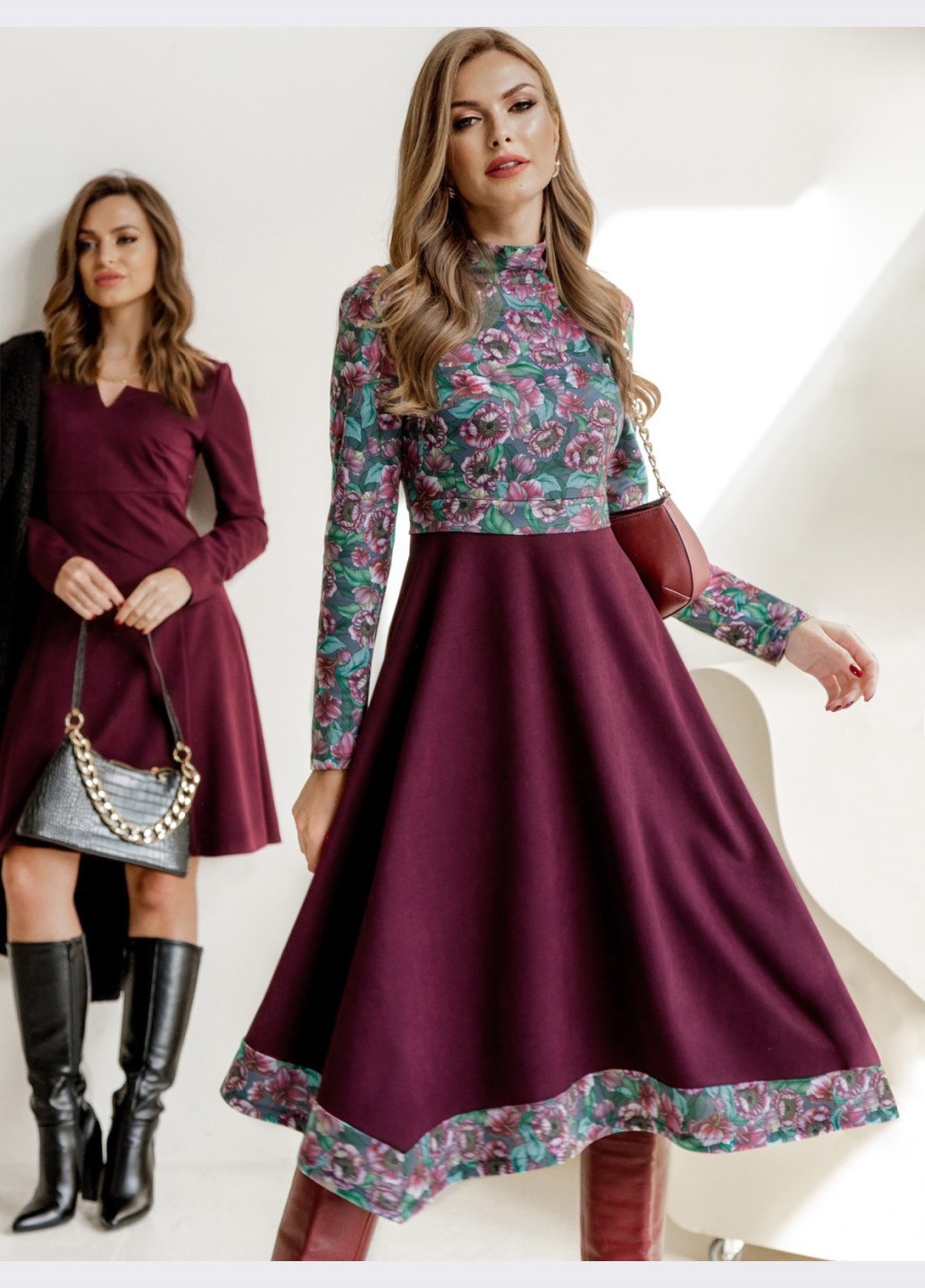 Бордовое кэжуал комбинированное платье с принтом и асимметричной юбкой бордовое Dressa