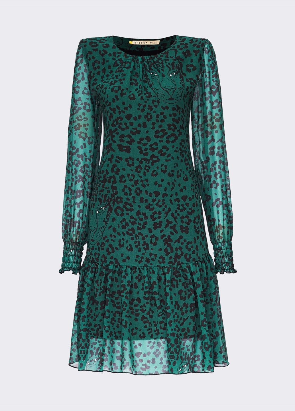 Изумрудное кэжуал зеленое платье-трапеция из шифона с принтом Dressa