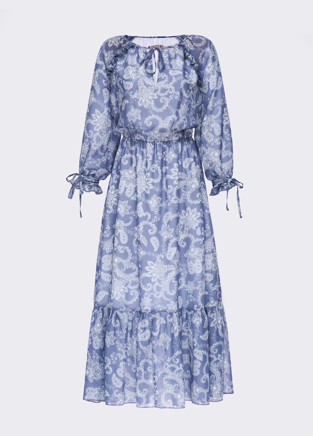 Синя кежуал шифонове плаття-міді з принтом і воланом знизу синє Dressa