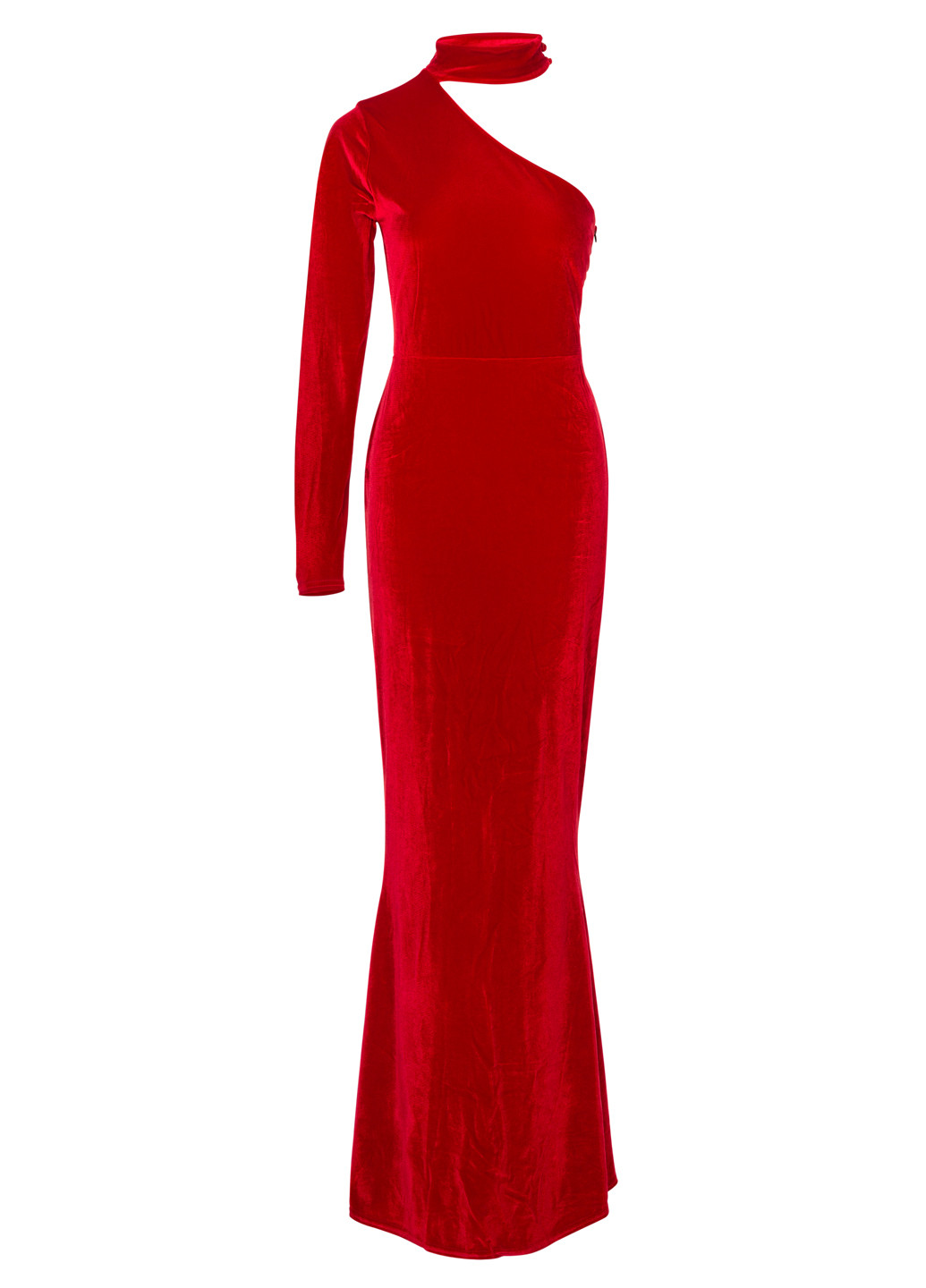 Красное вечернее бархатное макси платье на один рукав с открытыми плечами, футляр, годе, с открытой спиной, на одно плечо Missguided однотонное