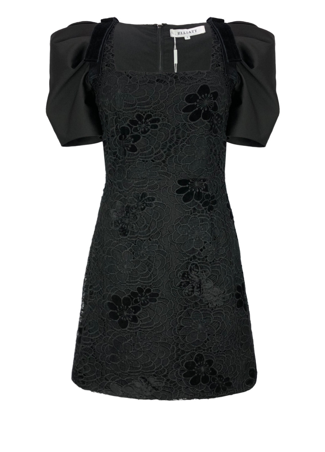 Чорна вечірня мереживна міні сукня з пишними короткими рукавами а-силует, футляр Elliatt однотонна