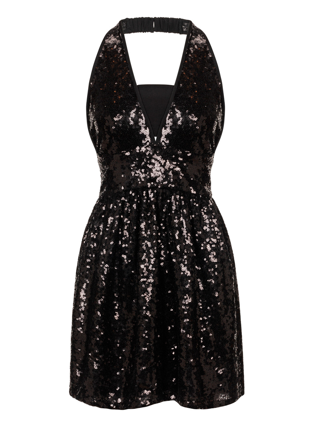 Черное вечернее мини платье с открытой спиной в пайетки клеш, бэби долл, с открытой спиной, с открытыми плечами Lefties однотонное